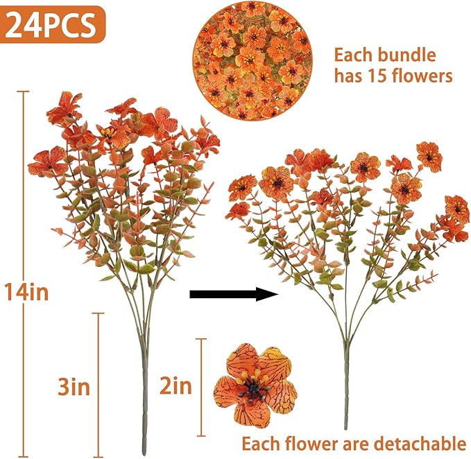 Agusbagli 24Pcs Artificial Fall Flowers Outdoor Autumn Fake Flowers UV Resistant Faux Plastic Greenery Shrub Plant for Wedding Home Garden Window Box Fireplace Thanksgiving Christmas Decor Orange