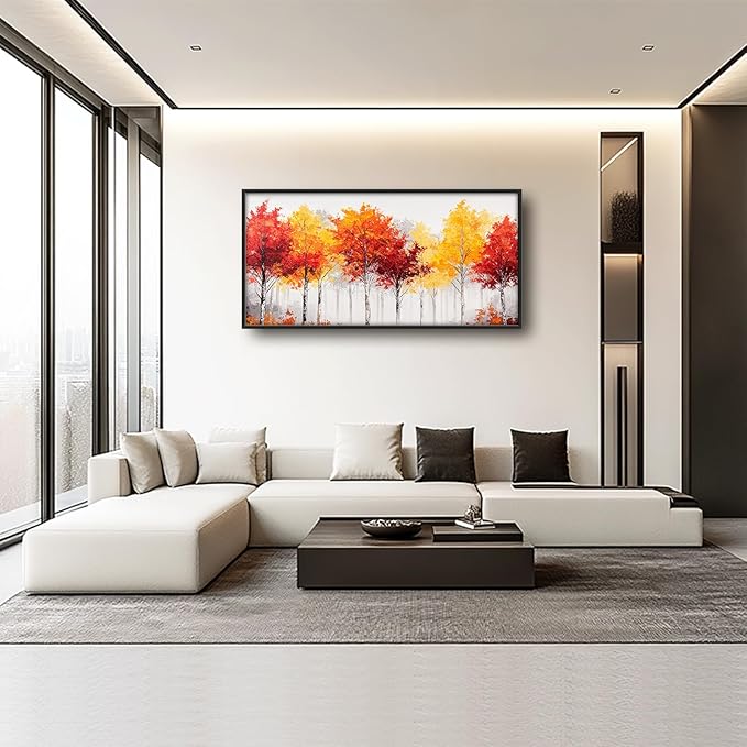 Fall Forest Framed Wall Art for Living Room, Large Red Trees Canvas Wall Decor, Red Leaf Landscape Pictures Painting, Modern Artwork for Living Room Bedroom 60L'' × 30W''