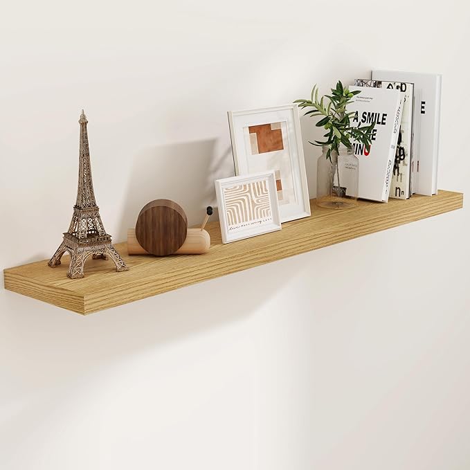 Floating Shelves 55 Inch Long, 55"W x 9.3"D Wall Shelf Invisible Bracket, 9.3 Inch Deep Floating Shelf for Wall, Rustic Wooden Shelves for Living Room, Kitchem, Bedroom, Oak Color, Set of 1