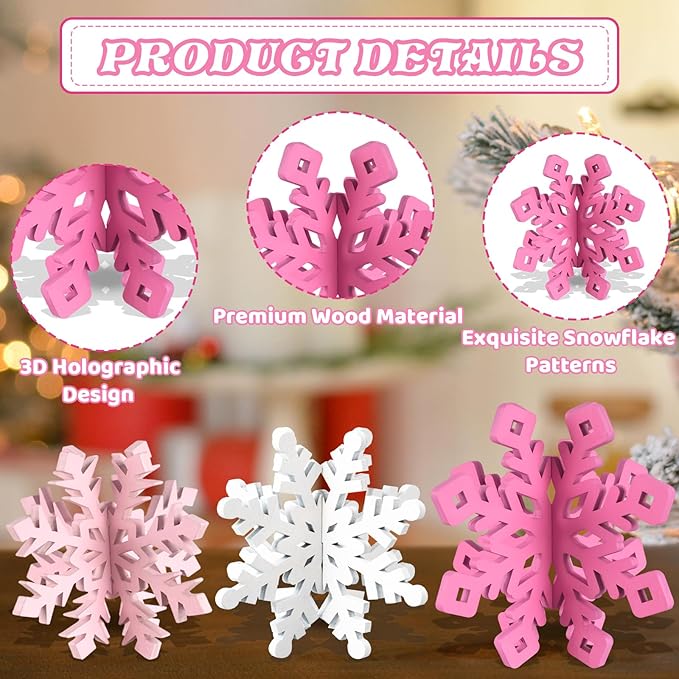 OuMuaMua 6 Set Snowflake Christmas Table Decorations - 12pcs Pink White Wooden 3D Snowflake Decor Tabletop Centerpiece for Christmas Party Supplies Home Decor