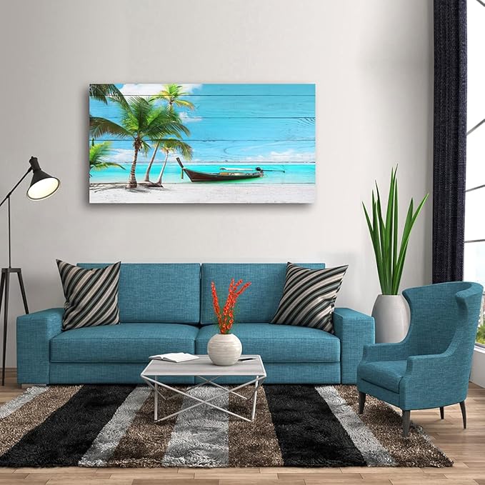 Beach Picture Canvas Prints Coconut Tree Ocean Wall Art Home Decor Natural Seascape Paintings for Living Room Bathroom Bedroom Office Kitchen Decorations Wooden Framed Landscape Artwork 28x57 inchs
