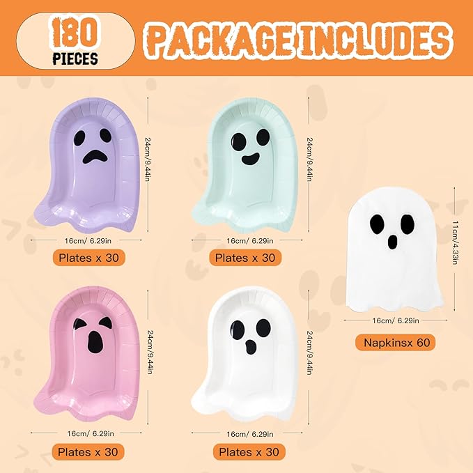 180Pcs Halloween Ghost Party Supplies Paper Plates and Napkins Serve 60 Disposable Tableware Set for Halloween Birthday Party Decorations Family School Holiday Events