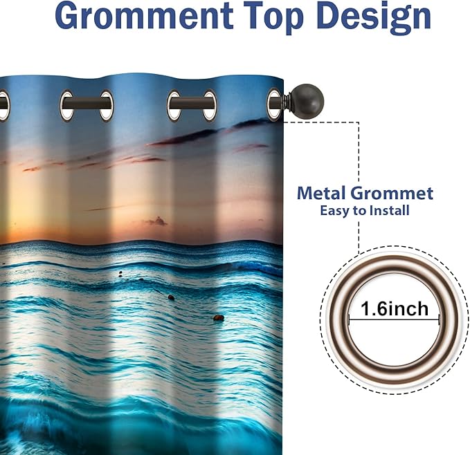 Jekeno Beach Ocean Waves Blackout Curtains Tropical Sea Sunrise Seaside Coastal Scenic Hawaiian Scenery Decor for Home Bedroom Living Room Darkening Grommet Window Drapes 2 Panel Set, 42"x84"