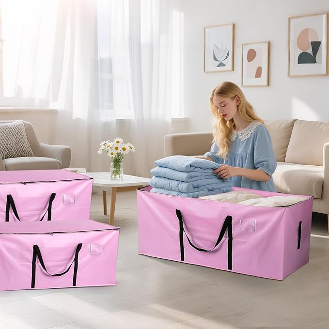 66 Gallon Extra Large Moving Bags - Heavy Duty Storage Bags with Zipper & Strong Handles, Pink Packing Bag for Moving, Storage, Travel and Camping, College Dorm & Home Supplies, 4 Pcs