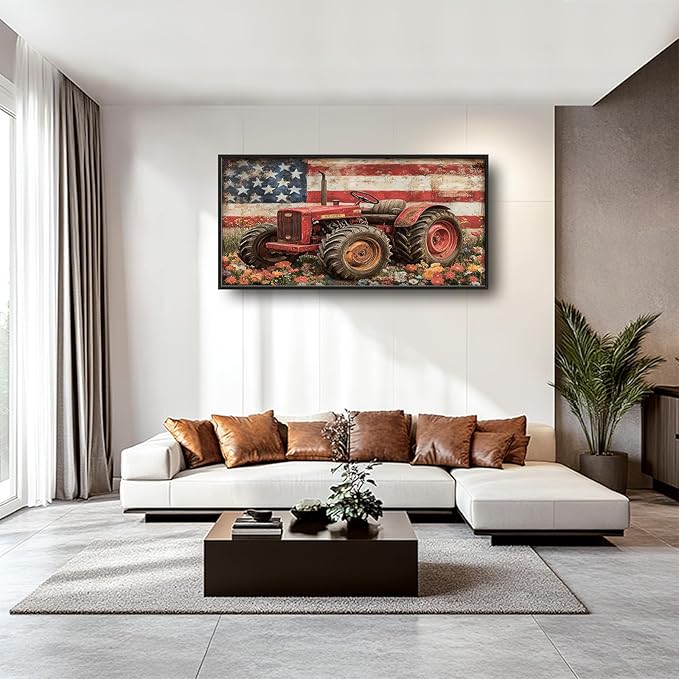 Framed Large Wall Art for Living Room, Farmhouse Tractors Canvas Wall Decor, Large Rustic Country Wildflowers Pictures Framed Painting, Natural Landscape Artwork for Bedroom Office Home Decor 60L'' × 30W''