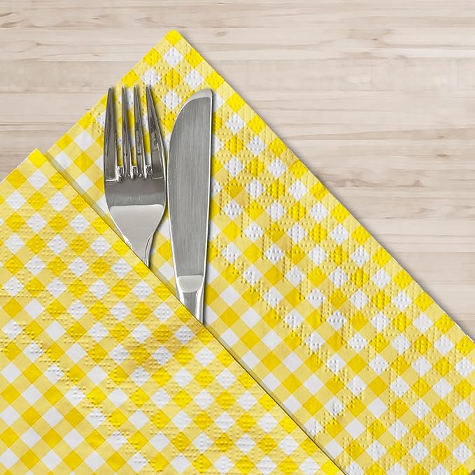 Gatherfun Party Supplies, Disposable Paper Napkins Yellow and White Gingham Napkins for Easter Party（3-ply, 6.5X6.5 in, 50-Pack)