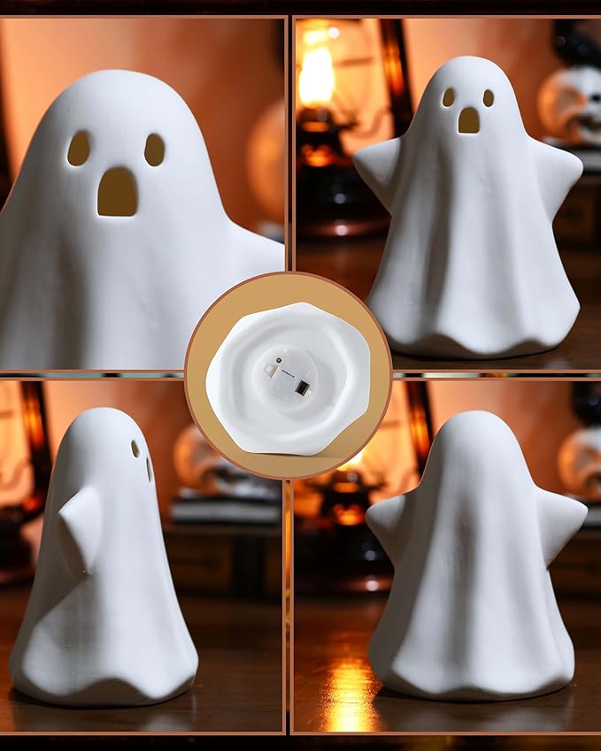 Ceramic Ghosts Small White Ghost Figurine, 3PCS Light Up Ghost Decor, Small LED Ghost Halloween Decor Spooky Sculptures for Indoor Halloween Party Tabletop Home Shelf Decoration