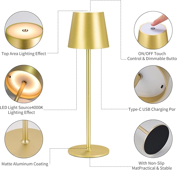 Cordless Table Lamps USB Rechargeable Simplicity Desk Lamp Built-in 4600 mAh Battery LED Battery Operated lamp with Touch Control Table lamp - Bedroom/Desk/Reading/Patio(2Pcs-Gold)