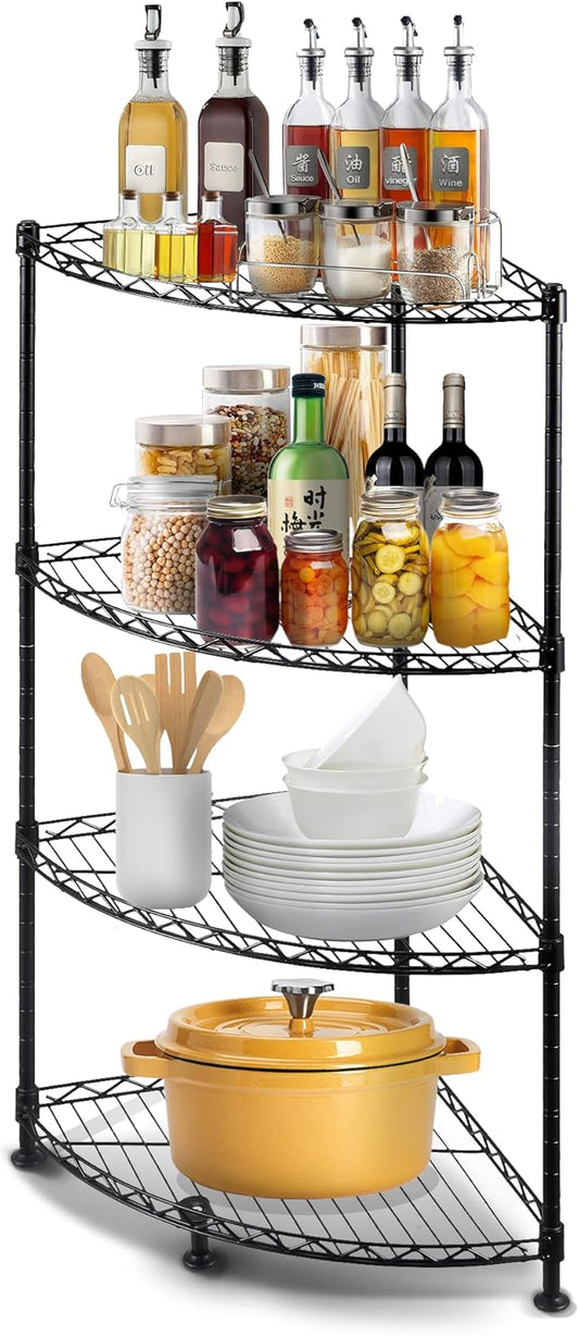 4-Shelf Carbon Steel Corner Storage Shelves with Adjustable Sturdy Wire Shelving Unit, Bookshelf Display Racks Organizer for Bedroom Living Room Kitchen Garage Pantry Closet (Max Load 120kg/265lbs)