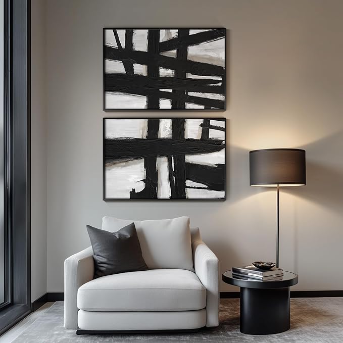 Large Framed Black and White Abstract Wall Art, 2 Piece Modern Canvas Prints Paintings Artwork for Walls, Minimalist Black Lines Pictures for Living Room Hallway Bedroom Office Wall Decor