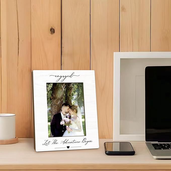 Engagement Picture Frame 5x7, Wedding Photo Frame, Just Engaged Married Gifts for Couples Bride Groom, Engaged Let the Adventure Begin Wooden Picture Photo Frames for Desk Home Room Decor