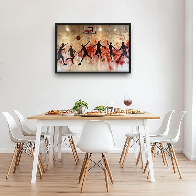 Flintis Large Basketball Sports Framed Wall Art Basketball Players Pictures Wall Decor Abstract Graffiti Canvas Painting Print Artworks Framed for Living Room Bathroom Master Bedroom 36L X 24W