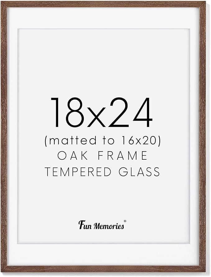 Fun Memories 18x24 Wood Frame, Natural Solid Oak Wood Poster Frame 24 x 18 with Tempered Glass, Wood Picture Frame 18 x 24 for Posters, 18''x24'' Matted Frame for 16x20 Picture, Walnut Color