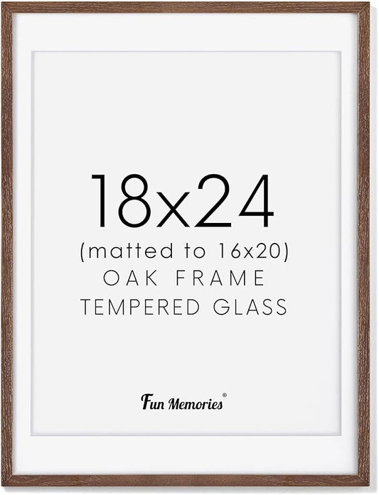 Fun Memories 18x24 Wood Frame, Natural Solid Oak Wood Poster Frame 24 x 18 with Tempered Glass, Wood Picture Frame 18 x 24 for Posters, 18''x24'' Matted Frame for 16x20 Picture, Walnut Color
