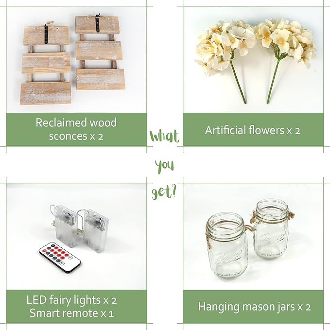 Besuerte Mason Jar Wall Sconces, Rustic Brown Wall Hanging Decor, LED Fairy Lights with Automatic On and Off 6-Hour Timer (Set of 2),Brown