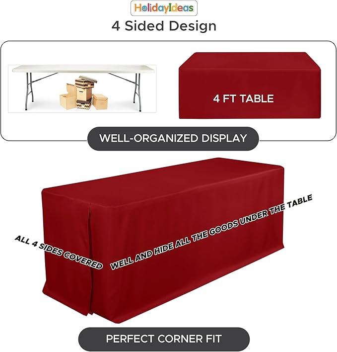 HolidayIdeas 4 Pack Red Fitted Tablecloth for 8ft Tables, 4-Sided Christmas Table Cover for Holiday Markets, Yard Parties, & Gift Tables, Wrinkle-Resistant Washable Xmas Decorations