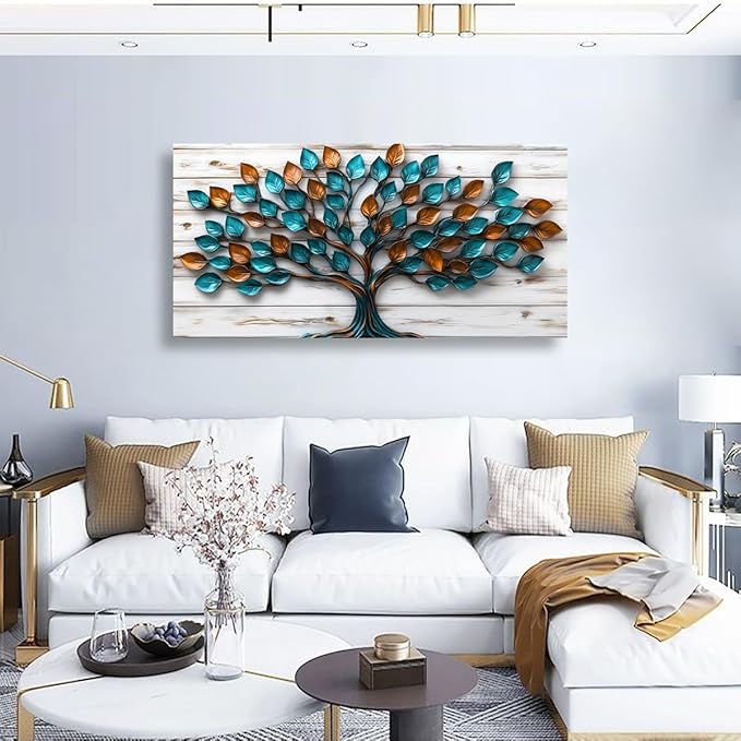Tree of Life Teal Gold Tree Leaves Pictures Canvas Wall Art for Living Room Office Bedroom Abstract Wall DecorArt Print Paintings Modern Metal Tree Wood Plank Artwork Waterproof to Hang-20x40inch
