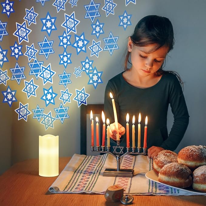 Hanukkah Flameless Candle Chanukah Decoration Projector Light Blue LED Candle Battery Operated Night Light with Remote and Timer Wedding Table Decor Hanukkah Birthday Jewish Chanukah Party