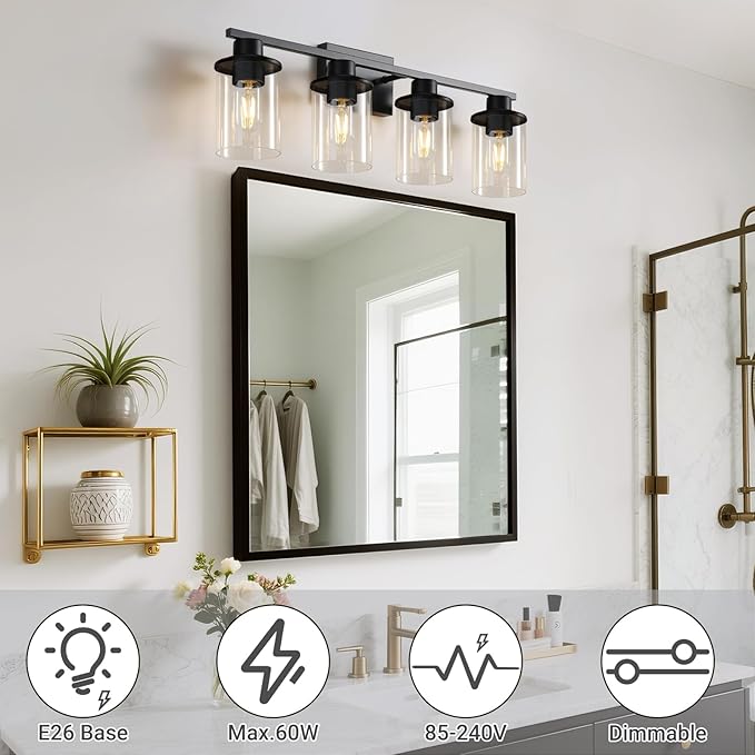 LOUSACE 4 Light Bathroom Vanity Light, Matte Black Bathroom Light Fixtures, Modern Bathroom Lights Over Mirror with Clear Glass Shade, Wall Sconce Lighting for Bedroom Living Room
