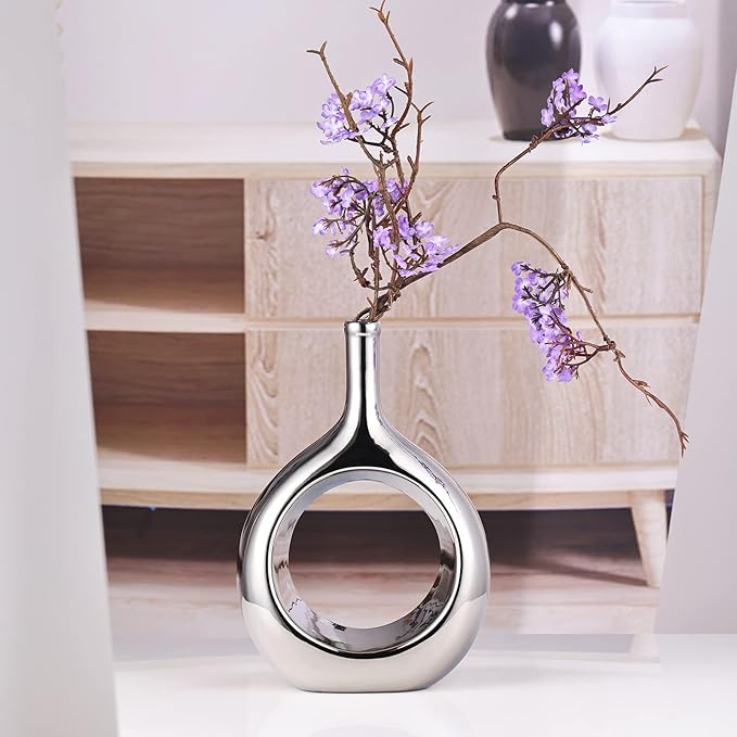 Glossy Silver Vase Ceramic Silver Vases Home Decor,Modern Minimalist Circle with Hole Decorative Vase, Hollow Ellipse Flower vases for Bookshelf, Fireplace Mantle, Centerpieces,Farmhouse,Rustic Décor