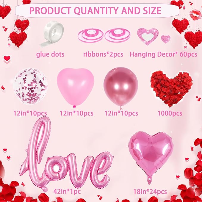 Pink Valentines Day Decorations with Heart Balloons and Love Balloon, Fake Rose Petals for Wedding Decor, Anniversary Decorations Romantic with Pink Latex Balloons and Heart Hanging