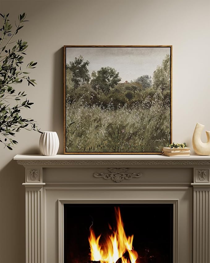 InSimSea Square Framed Canvas Wall Art, Large Decor Field of Oats Grassland Paintings, Nature Scenery Wall Pictures for Bedroom Living Room, Canvas Prints Vintage Country Decor 24"x24"