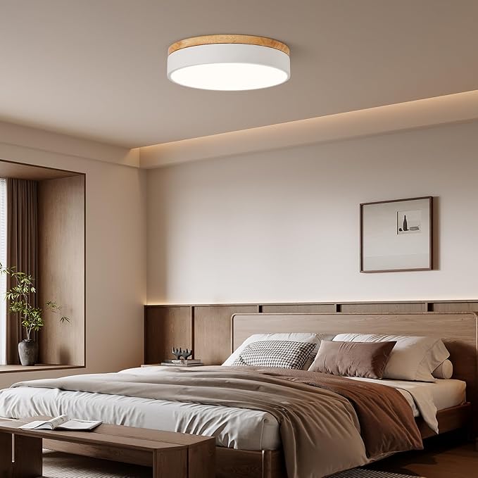 Led Flush Mount Ceiling Light: 11.8" Dimmable 5CCT Overhead Ceiling Lighting Fixture - Morden White Round Close to Ceil Lights - Flat Wood Minimalist Light Fixtures for Living Room Laundry Bedroom
