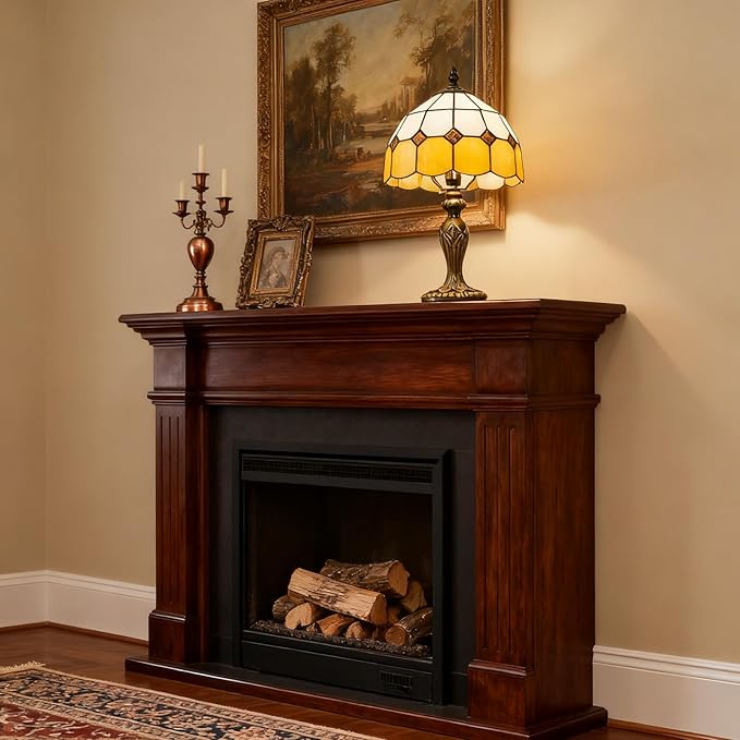 Tiffany-Style 8 Inch Table Lamp Mediterranean Series Stained Glass Lampshades Small Bedside Lamp Reading Antique Desk Light Livingroom Bedroom Office Vintage Art Deco Victorian(Color:Orange)