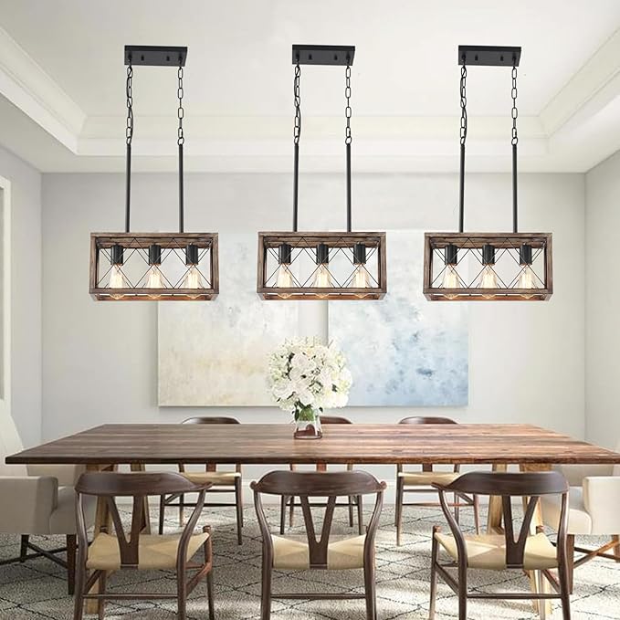Farmhouse Light Fixtures,3-Light Dining Room Light Fixture,Industrial Metal Kitchen Pendant Lighting Over Island, Chandelier for Dining Table Kitchen Sink, Wood Grain Finish.