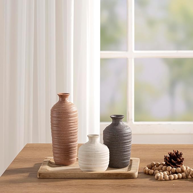 Ceramic Vase Set of 3 Neutral Decorative Vase for Farmhouse, Boho, or Rustic Home Decor Pottery Vases for Pampas Grass Living Room Bedroom Table Mantel Entryway Shelf (01-Brown)
