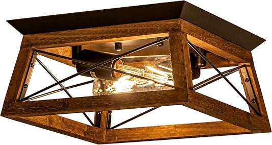 Farmhouse Ceiling Light, 2-Light Flush Mount Light Fixture with Metal and Wood Design, Rustic Light Fixture for Kitchen, Entryway, Hallway, Bedroom