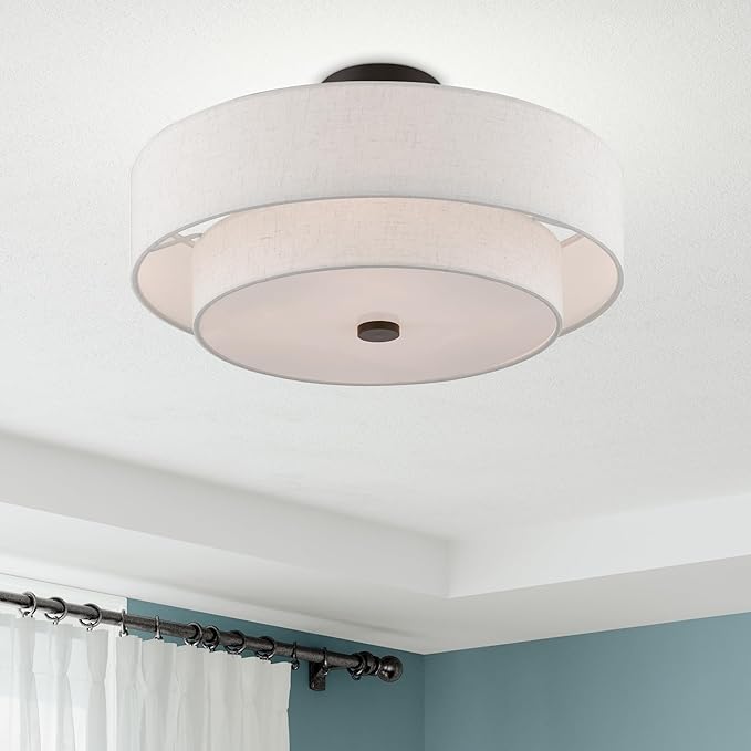 Livex Lighting 51085-92 4-Light Semi Flush Mount Ceiling Fixture with Oatmeal Color Fabric Hardback Drum Shade and Satin White Diffuser, English Bronze