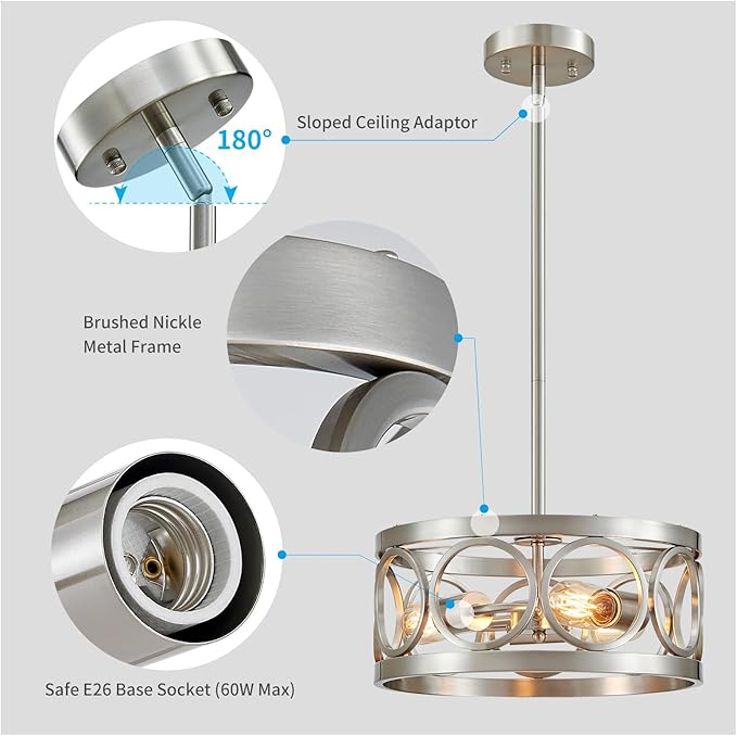 XINGQI Brushed Nickel 3-Light Rustic Ceiling Light Modern Adjustable Height Pendant Lighting Fixture Antique Drum Lamp for Living Room Bedroom Entryway Corridors 13”