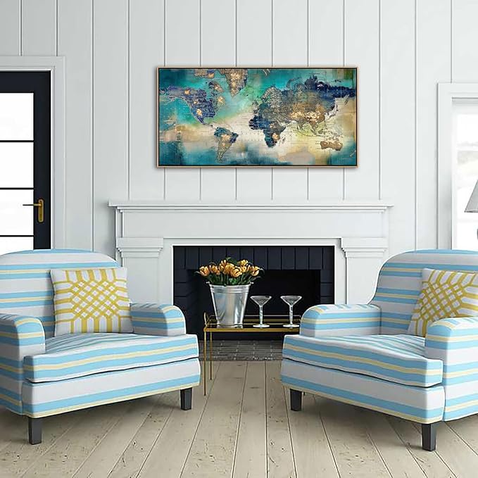 Large World Map Canvas Prints Framed Wall Art for Living Room Office 24x48 Green World Map Picture Artwork Decor for Home Decoration(With Soild Wood Dark Framed)