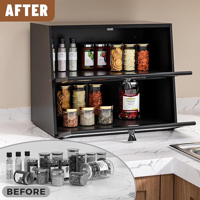 Bread Box for Kitchen Countertop,Extra Large 2 Layer Breadbox Wooden Farmhouse Bread Storage Container Bread Bin Bread Holder Food Organizer Pantry Shelf Acrylic Window(Black)