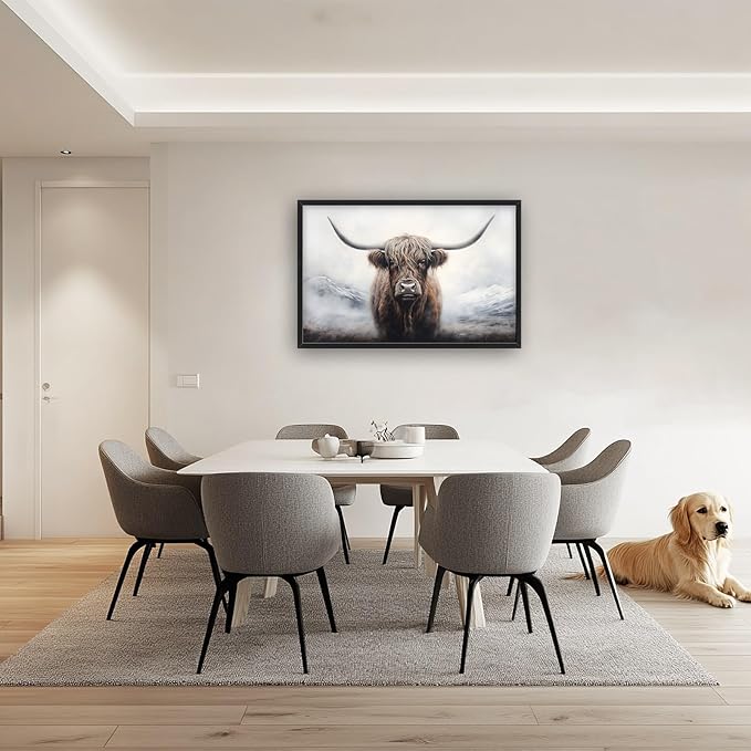 Highland Cow Large Framed Wall Art Rustic Wild Animal Pictures Oversized Wall Decor Foggy Mountain Canvas Print Painting Aesthetic Modern Artwork for Living Room Bedroom Office Bathroom Home Decor 36L"x24W"