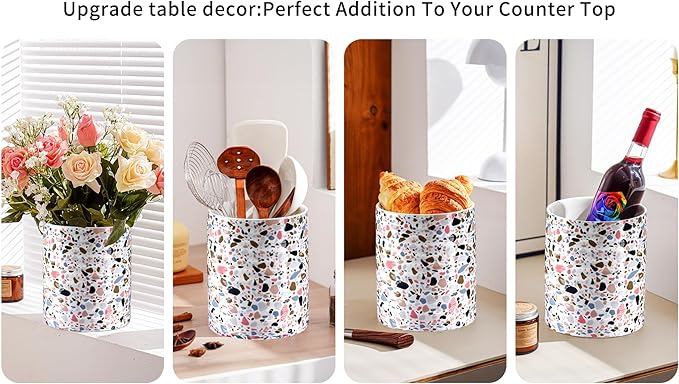 Kitchen Utensil Holder,7.2″Extra Large Stable Terrazzo Marble Pattern Ceramic Utensil Crock,Utensil Organizer for Countertop,Kitchen Decor,Utensil Holder for Housewarming,Wedding Gift Pink