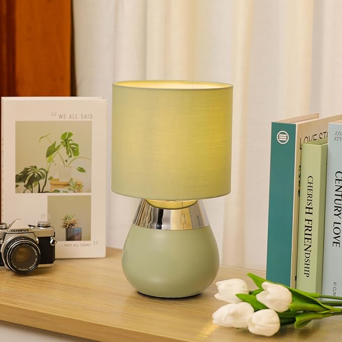 Small Modern Touch Eye Protection Bedside Table Lamp, 7 x 7 x 12 Inch Light Green Metal Base Table Lamp for Bedrooms and Office (Light Green Fabric Lampshade)