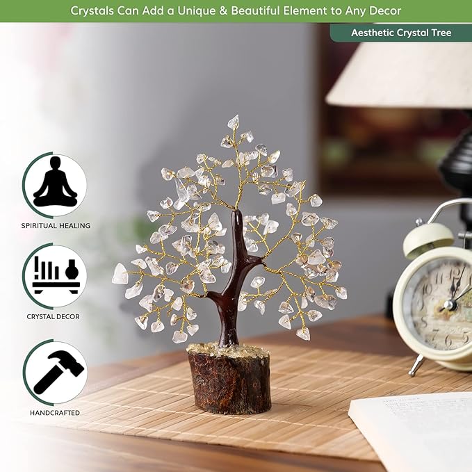 NARIBABU Clear Quartz Crystal Tree (7–8 Inch, 100 Chips) – Handmade Gemstone Bonsai for Clarity & Decor – Birthday Gifts for Women, Gift for Her, Spiritual Gift, Office Desk Decor