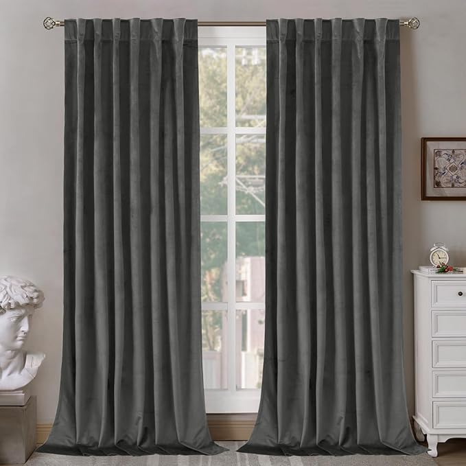 BGment Grey Velvet Curtains 96 Inches for Living Room, Thermal Insulated Blackout Curtains Room Darkening Drapes with Back Tab and Rod Pocket for French Door, Set of 2 Panels, 52 x 96 Inch