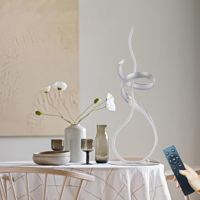 24W Modern 3Color Table Lamp with LED Spiral Design, 22“ Tall Silver Bedside Light & Nightstand Lamp, Touch Dimmable with 3 Colors & Remote Control for Bedroom, Living Room, Home Office (Silver)