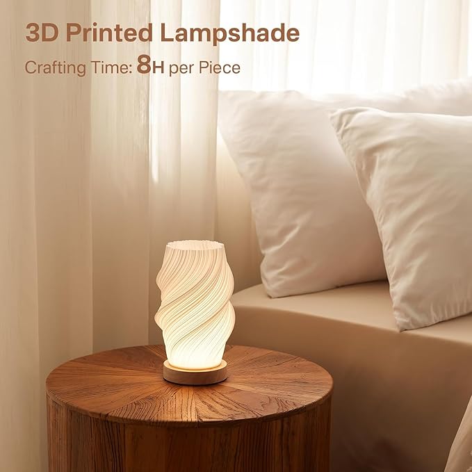 Bedside Lamp with Woodbase - Button Control Table Lamp for Bedroom 12 Way Dimmable Nightstand Lamp with PLA Lampshade for Living Room, Kids Room, College Dorm, Office (White-E, Medium)