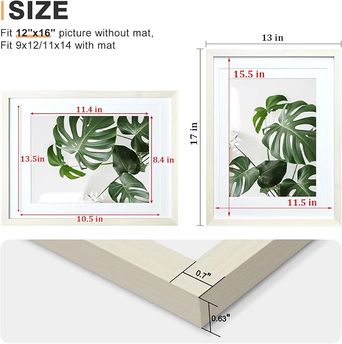 Egofine 12x16 Picture Frames Set of 4, Made of Solid Wood Covered by Plexiglass 9x12 and 11x14 with Mat or 12x16 without Mat, for Wall Mounting Photo Frame Beige