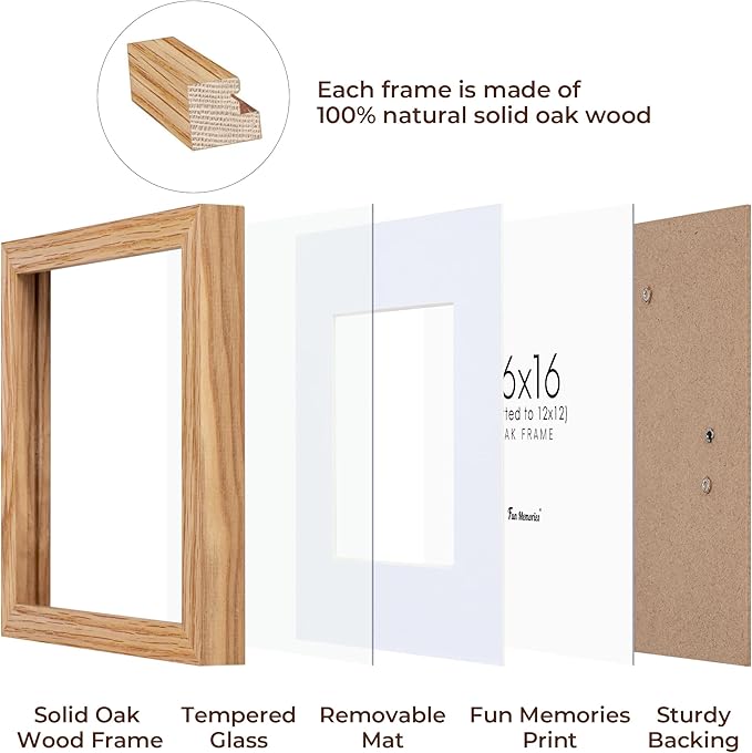 16x16 Picture Frames, Solid Oak Wood Photo Frame 16 by 16, Rustic Wooden Square Picture Frame with Tempered Real Glass, 16 x 16 Square Frame Matted to 12 x 12, Natural Color, Set of 2
