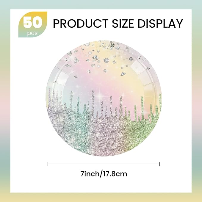50PCS Colourful Glitter Paper Plates - 7inch Rainbow Diamond Birthday Dessert Plate for Cake Salad Pizza Disposable Supplies for Girls Women Mermaid Anniversary Birthday Wedding Party