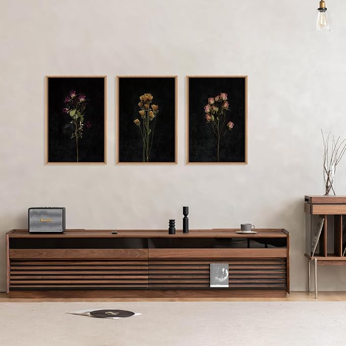 KAIRNE Dark Moody flower Framed Canvas Wall Art Set, Minimalist Black Wildflower Wall Decor, Vintage Botanical Floral Wall Painting, Nature Plant Art Prints for Living Room, Bedroom, Office 24"x36"x3