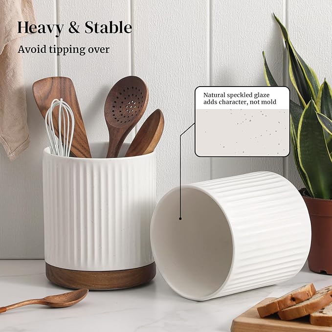 DOWAN 360° Rotating Extra Large Cooking Utensil Holder, 7.6" Kitchen Utensil Holder for Countertop, Utensil Crock for Farmhouse Kitchen Decor, Ceramic Stable Utensil Caddy, White Stripes