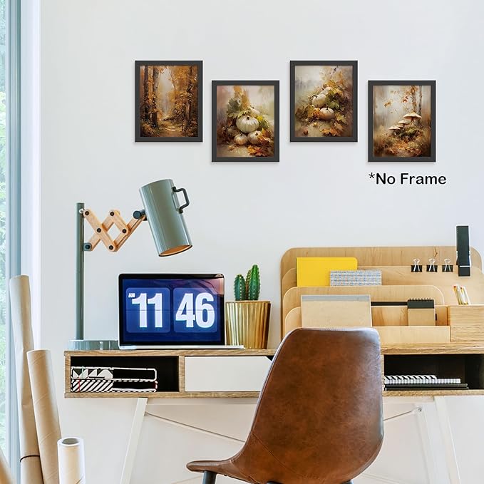 TLESKE Fall Vintage Forest Landscape Posters Prints Unframed 8x10 Set of 4, Autumn Pumpkins Mushroom Wall Art Prints Decor for Farmhouse Bedroom Living Room, Cottagecore Rustic Wall Pictures