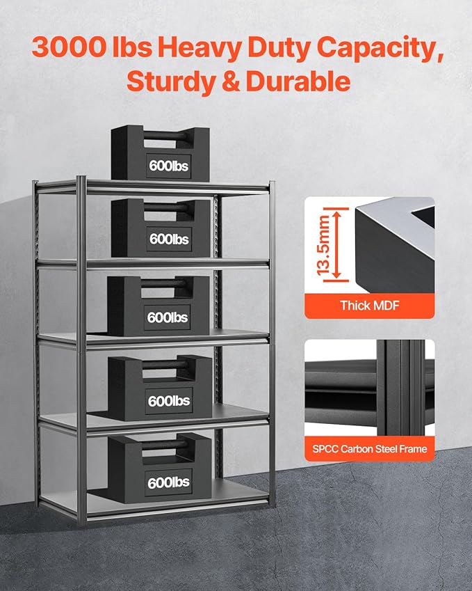 VEVOR Storage Shelves, 3000 lbs, 5 Tier Garage Storage Shelving, 24" D x 48" W x 72" H Adjustable Metal Shelves for Garage Shelves Utility Rack Shelf, Ideal for Kitchen, Warehouse, Basement, Black