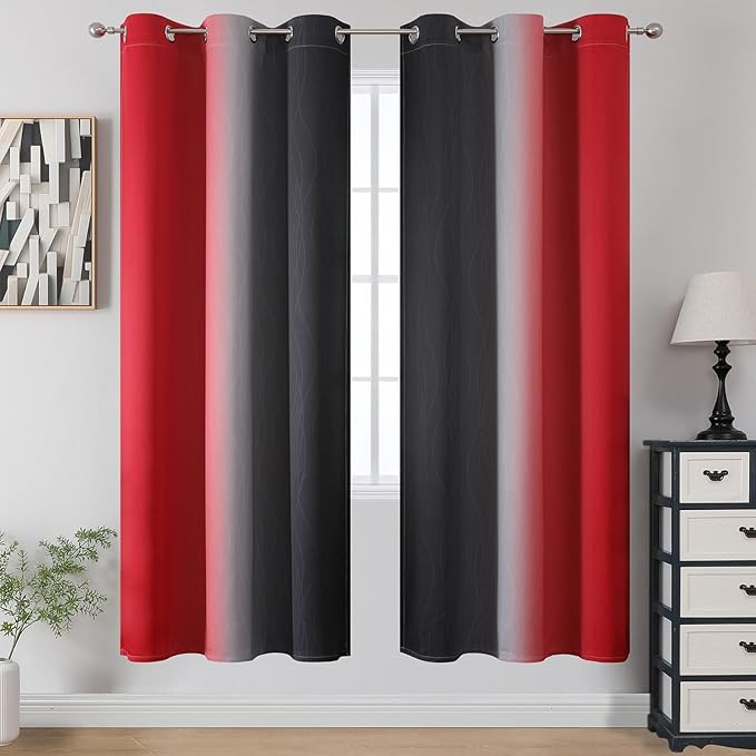 Estelar Textiler Ombre Red and Black Curtains 72 Inch Length 2 panels, Complete Blackout Curtains for Bedroom, Full Room Darkening Grommet Thermal Insulated Gradient Drapes for Living Room, 42x72 Inch